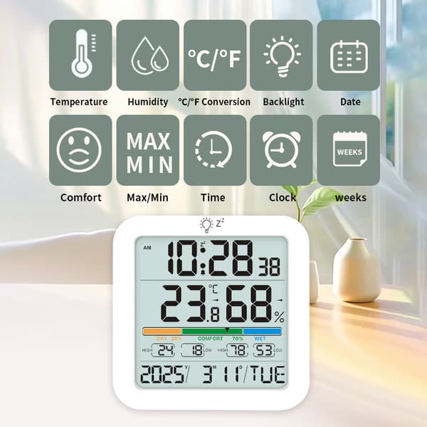 Stort LCD digitalt termometer hygrometer klokke