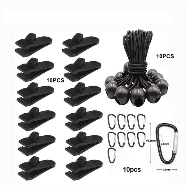 Markiseklemsett: 10 teltklemmer + 10 elastiske tau + 10 D-ringer