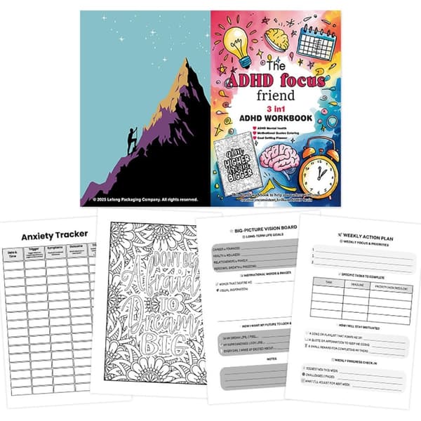 3-i-1 ADHD Focus Friend Workbook: Voksen Terapi, Stresshåndtering og Målsætningsplanlægger