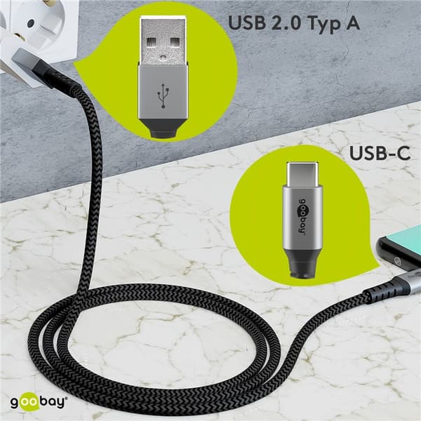 USB-C™ til USB-A tekstilkabel med metalstik 0,5 m