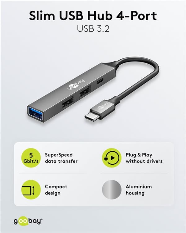 Slank USB-hub med 4 porter, USB-C™ til USB-C™/USB-A, 5 Gbit/s