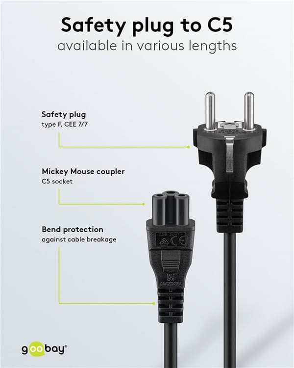 Nettkabel med jordet støpsel, 2 m, sort