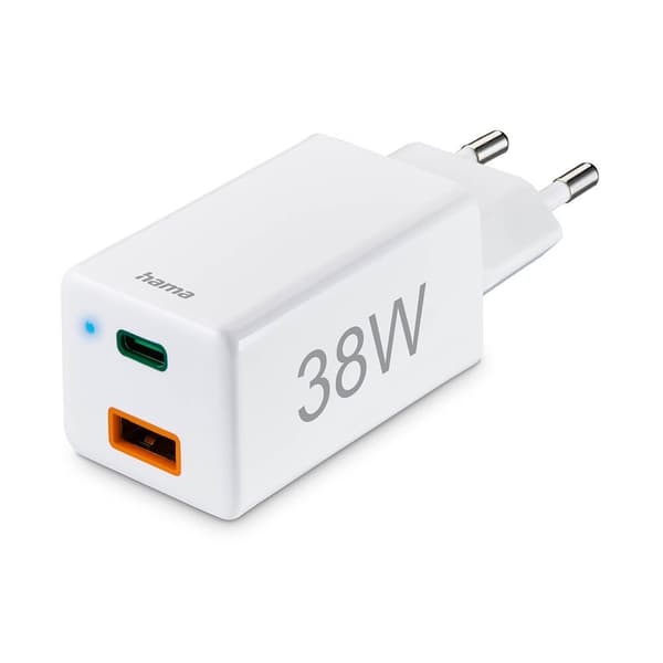 Mini-oplader USB-C + USB-A Qualcomm 3.0 38W Hvid