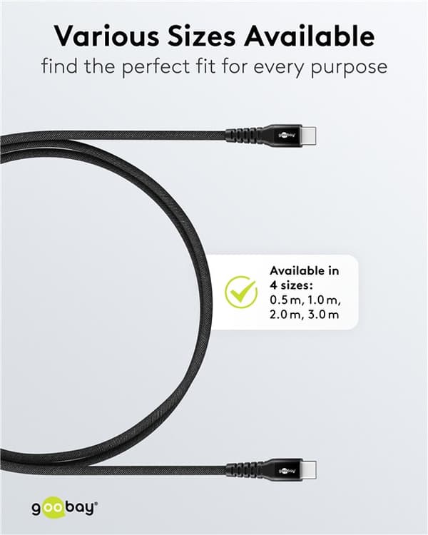 USB-C™ superblødt tekstilkabel med metalstik, 2 m, sort