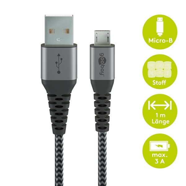Mikro-USB til USB-A tekstilkabel med metallkontakter 1 m