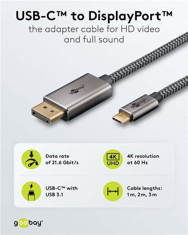 USB-C™-till-DisplayPort™-kabel, 1 m, svart