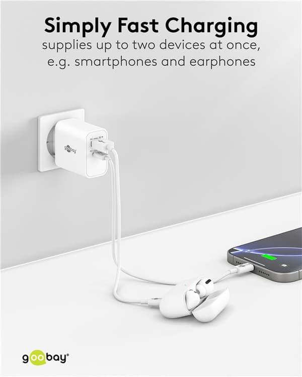 USB-C™ PD GaN dobbel hurtiglader (30 W) hvit