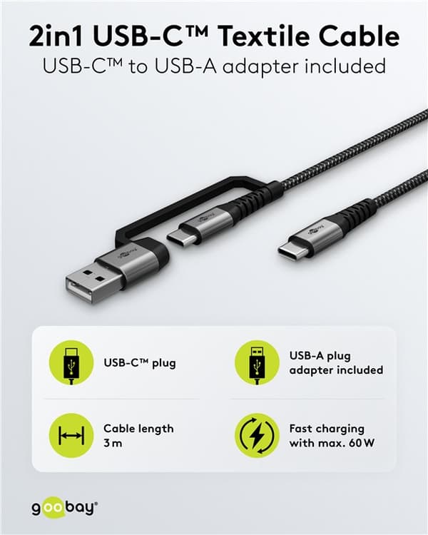 2-i-1 USB tekstilkabel, plassgrå/sølv, m