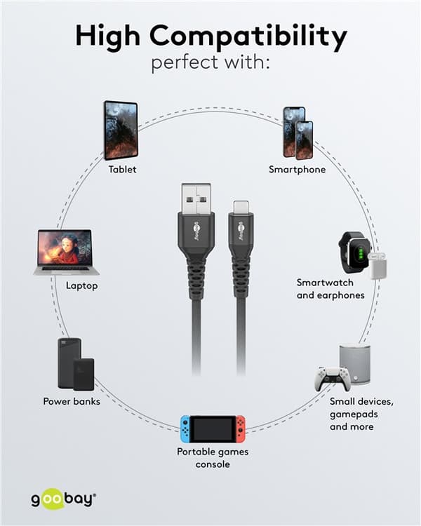 Lightning USB-A superblødt tekstilkabel med metalstik, 1 m, sort