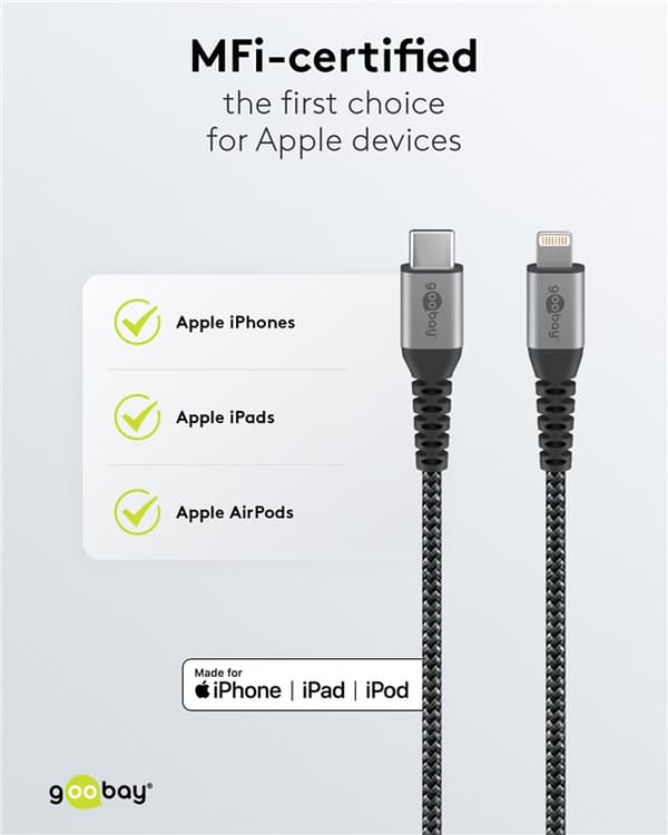 Lightning-USB-C™ -tekstiilikaapeli metalliliittimillä, 1 m