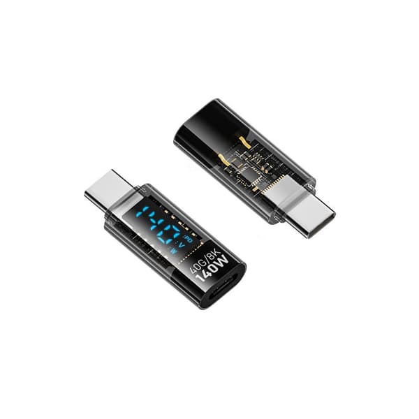 140W USB-C Hun til USB-C Han Adapter med Digital Display - Transparent Sort, 2-pak