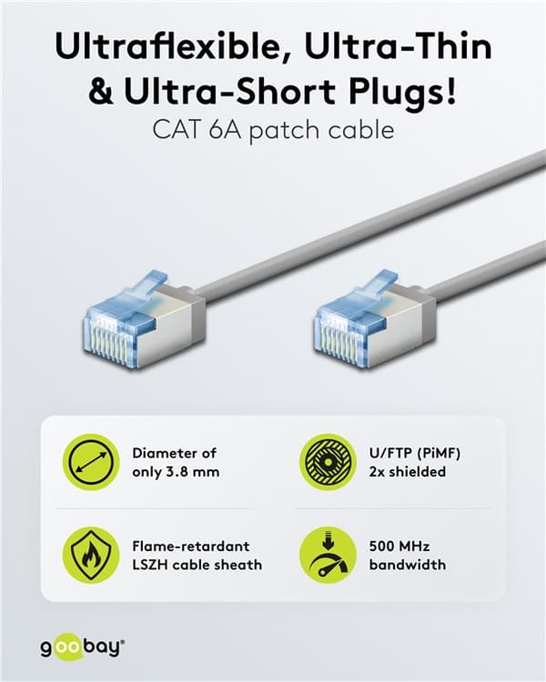 Ultrafleksibel patchkabel CAT 6A, slank, U/FTP, grå