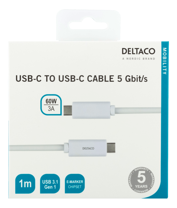 USB-C to USB-C cable, 1m, USB 3.1 Gen 1, E-Marker, white