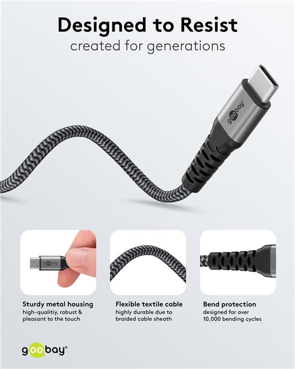USB-C™ tekstilkabel, 60 W, Power Delivery, 1,5 m, sort;grå