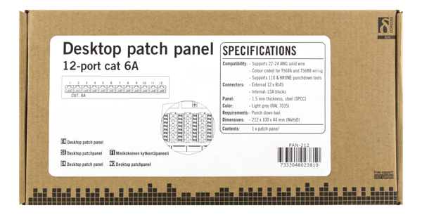 Patch Panel, 12xRJ45, Cat6a, wall-mountable, metal, grey