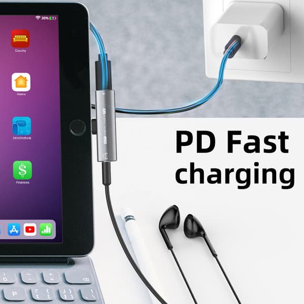 USB-C til 3,5 mm adapter til hovedtelefoner og oplader Black