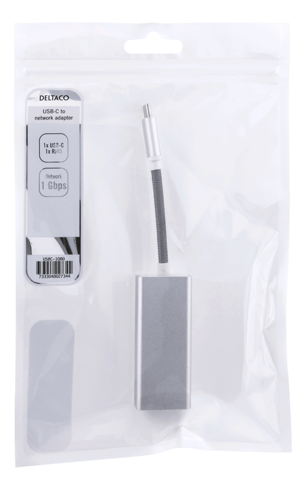USB C Network Adapter, Gigabit, RJ45, white bag, silver