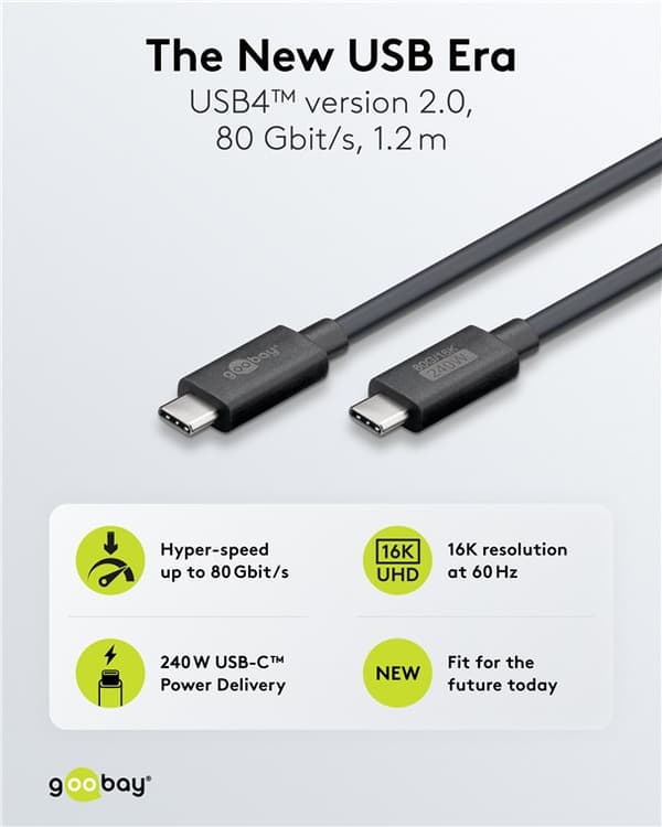 Certifierad USB-C™-kabel, USB4™ version 2.0, 1,2 m, svart