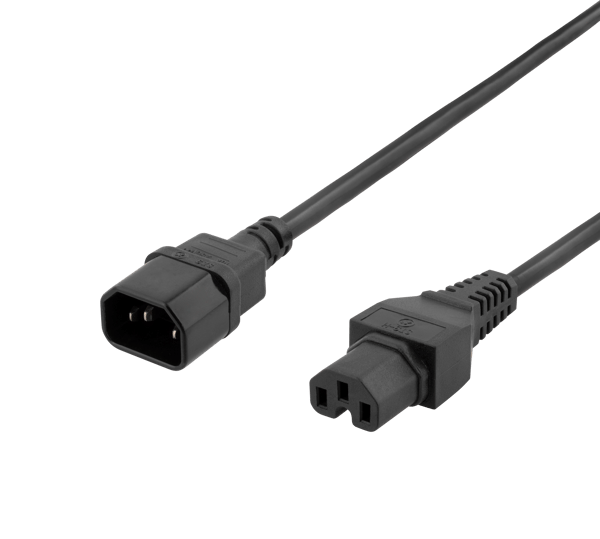 Maadoitettu kaapeli, IEC C15 - IEC C14, 1m, musta