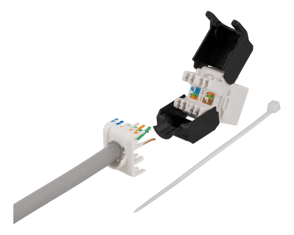 Cat6A Keystone jack, toolless clamp termination, plastic
