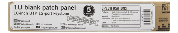 10" Keystone patch panel, 12 ports, 1U, metal, black