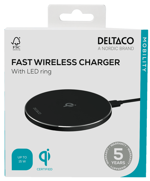 Wireless charger, 15 W, USB-C, Qi certified, LED ring, black