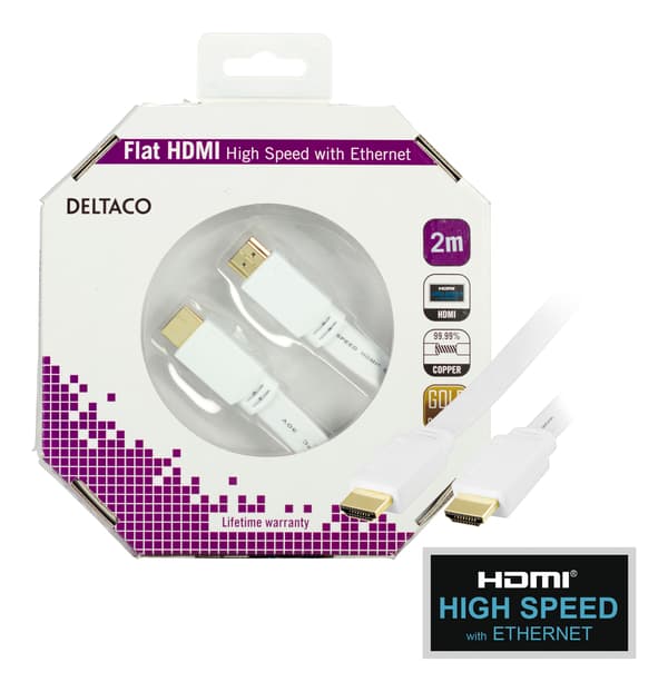 Flat HDMI cable, HDMI High Speed w/ Ethernet, 4K, 2m, white