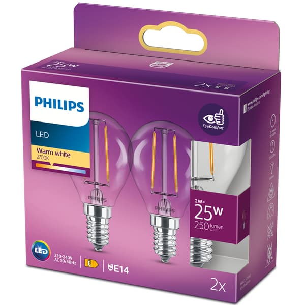 2-pakning LED E14 Globe 2W (25W) Klar 250lm