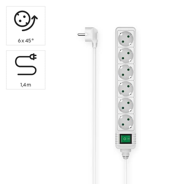 Strømuttak 6-veis Bryter Hvit 1.4 m