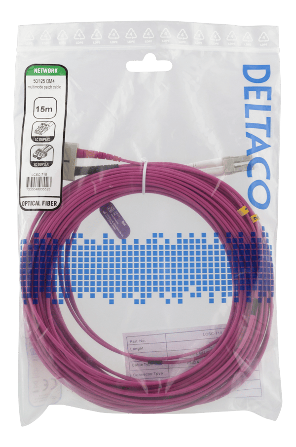 OM4 Fiber cable, LC – SC, duplex, multimode, 50/125, 15m