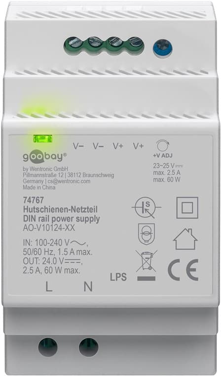 DIN-kiskoon asennettava virtalähde 24 V (DC), 2,5 A, 60 W