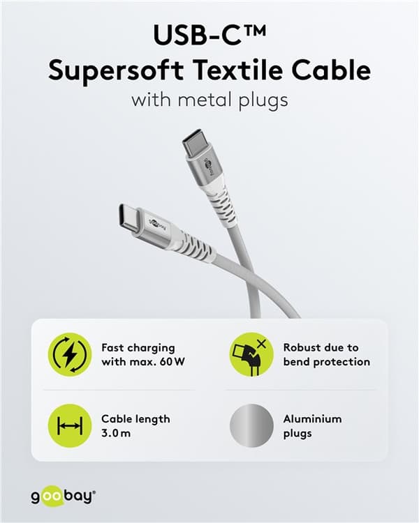 USB-C™ supersoft textilkabel med metallkontakter, 3 m, vit