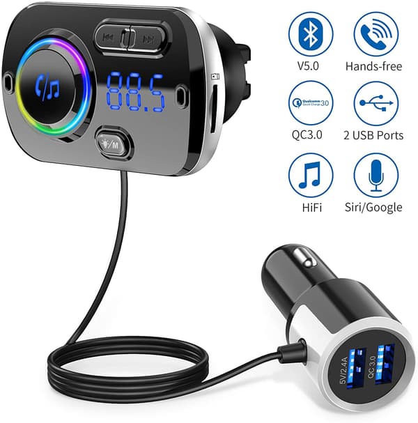 Trådløs FM-sender for bilen, Bluetooth 5.0 - Svart