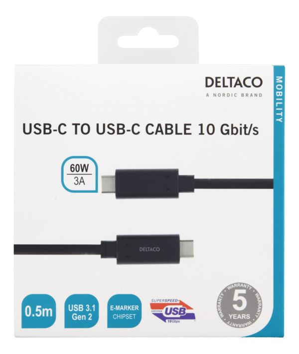USB-C to USB-C cable, 0.5m, 60W USB PD, 10 Gbps, black