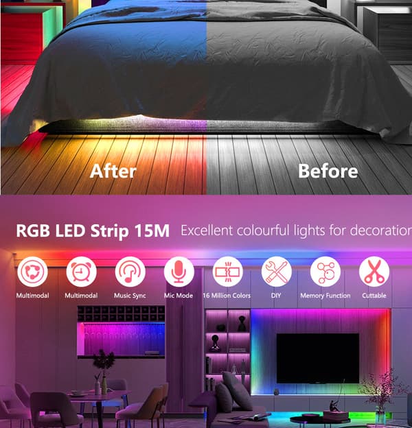 Smarte LED-stripelys 15M med WiFi-kontroller og APP