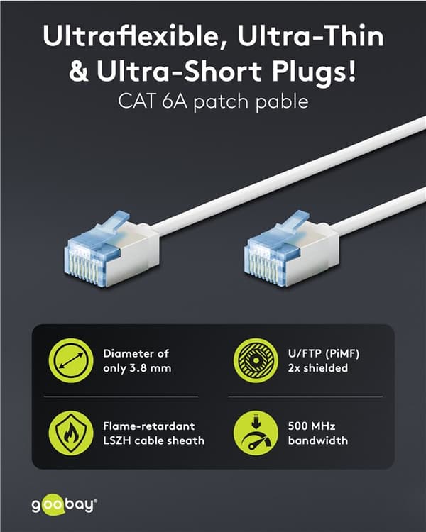 Ultrafleksibel patchkabel CAT 6A, slank, U/FTP, hvit
