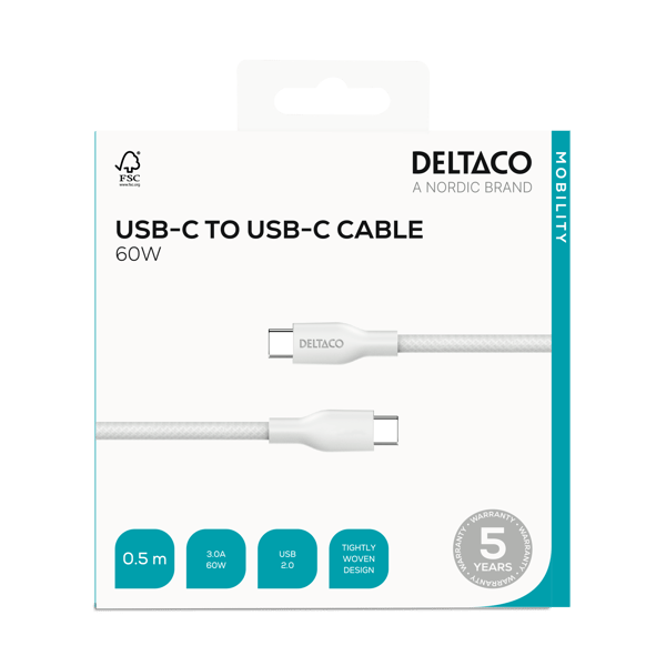USB-C - C, 0,5m, USB 2.0, white braided, SPR 3A/60W