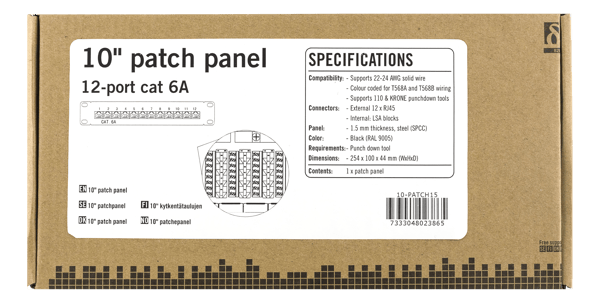 10" patch panel, 12xRJ45, Cat6a, STP, 10Gbps, metal, black