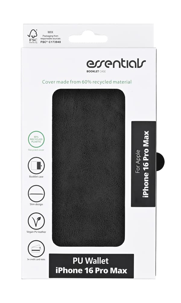 iPhone 16 Pro Max PU wallet, recycled, 3 cards, black