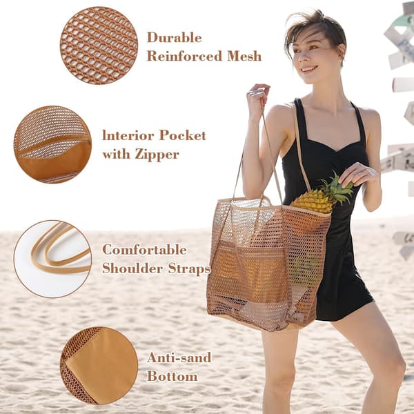 Sammenleggbar strandveske, nettingpose for kvinner Beige
