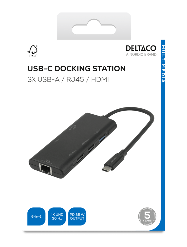 USB-C docking station, single, 1x HDMI, 3x USB-A, RJ45