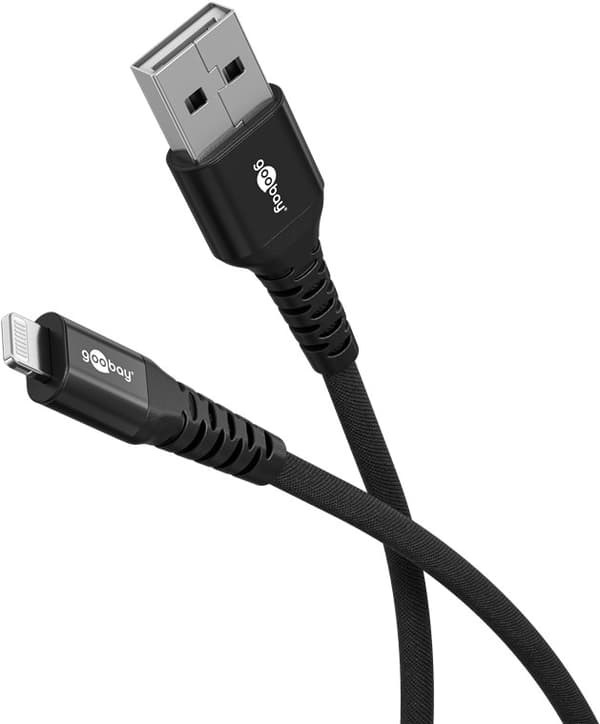 Lightning USB-A superblødt tekstilkabel med metalstik, 3 m, sort