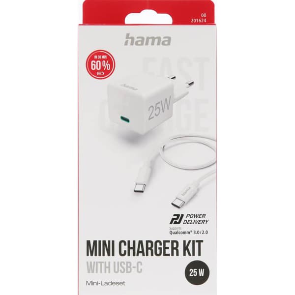 Lader USB-C med USB-C Kabel PD 25W 1.5 m Kabel Hvit