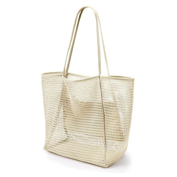 Sammenleggbar strandveske, nettingpose for kvinner Beige