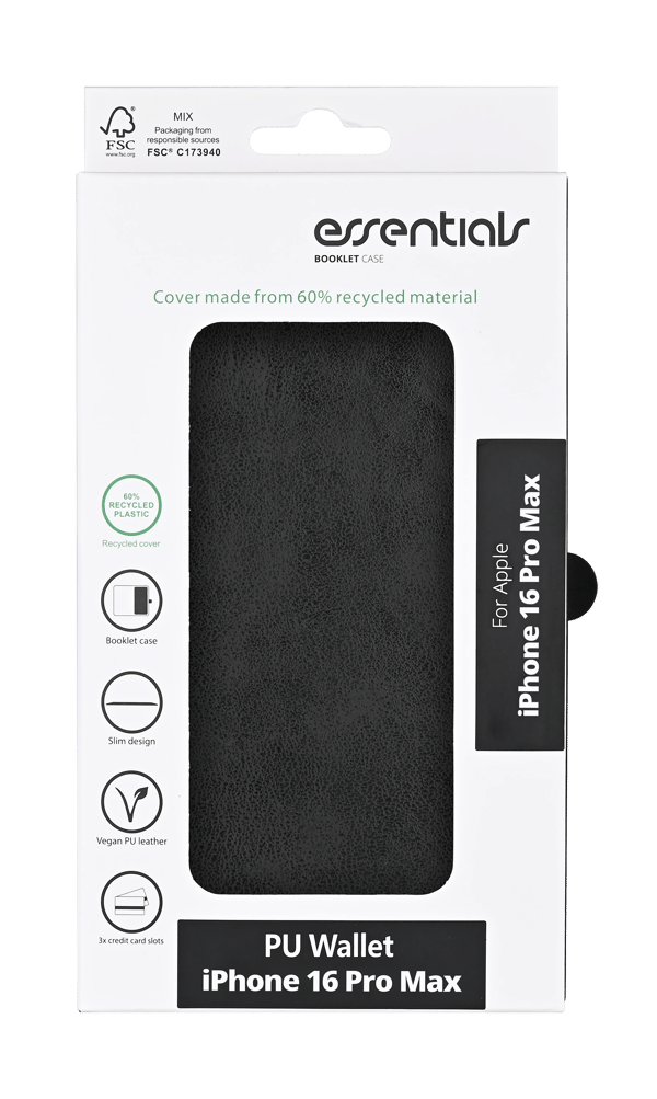 iPhone 16 Pro Max PU wallet, recycled, 3 cards, black