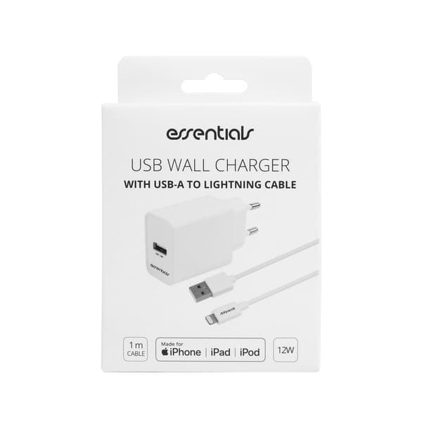 Wall Charger 12W, USB-A Light. MFI, Cable 1m, white