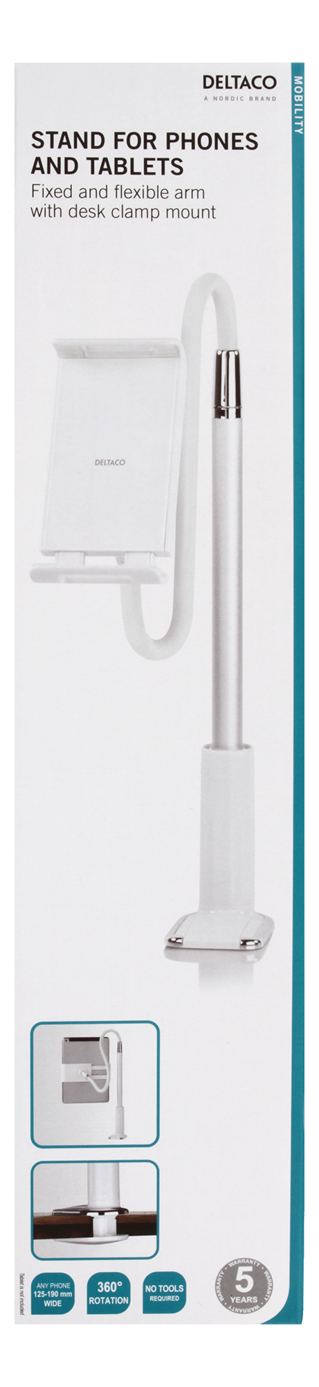 Stand for phones/tablets, fixed/flex arm, desk clamp mount