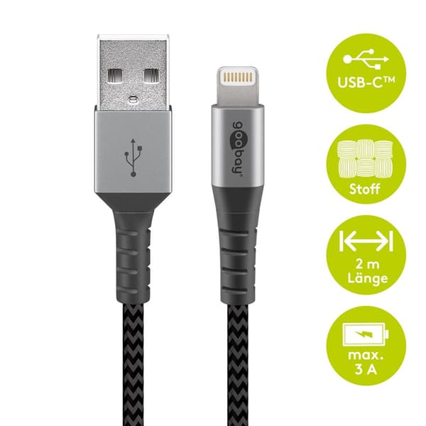 Lightning-USB-A textilkabel med metallkontakter, 2 m