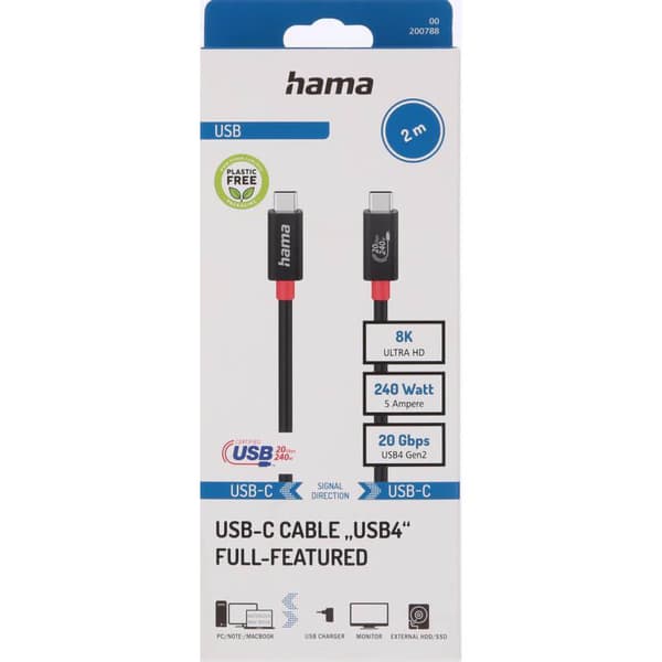 Kabel USB-C USB 4.0 Gen2 20 Gbit/s 240W 2.0m Sort