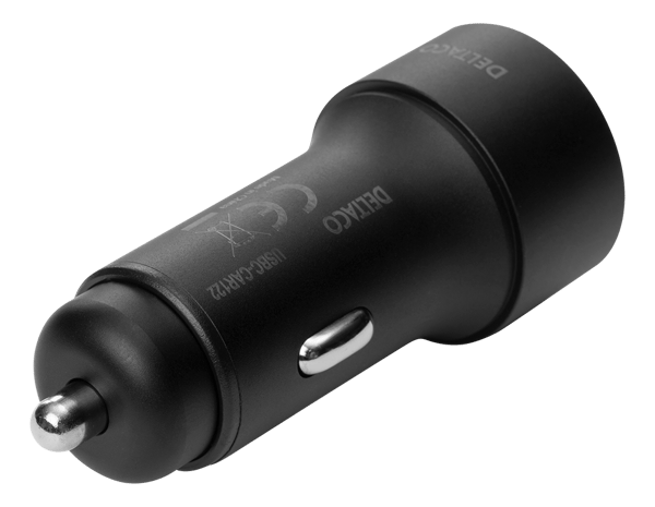 USB car charger, 1xUSB-A 18W, 1xUSB-C PD 20W, tot 38W, black